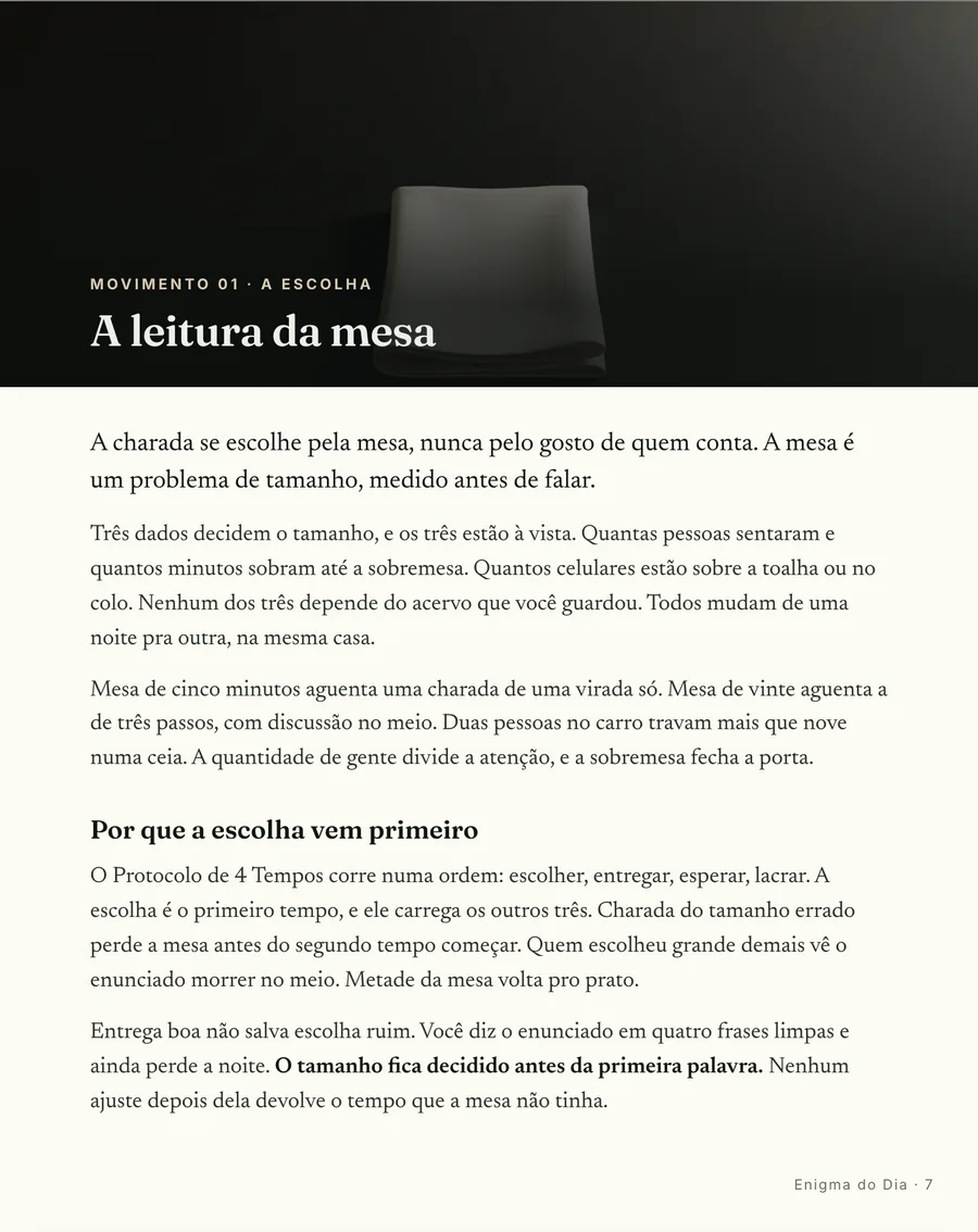 Abertura de movimento: Cada movimento abre em cena, da leitura da mesa até a resposta que abre a próxima noite